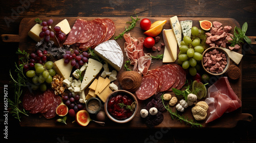 Cheese and meat platter with nuts and dried fruits. Generative AI photo