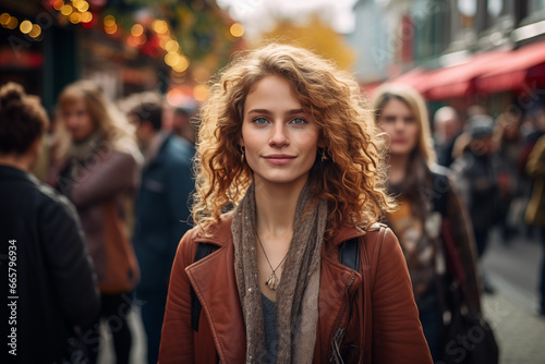 portrait of young adult woman walking on crowded urban street © Olesia Bilkei