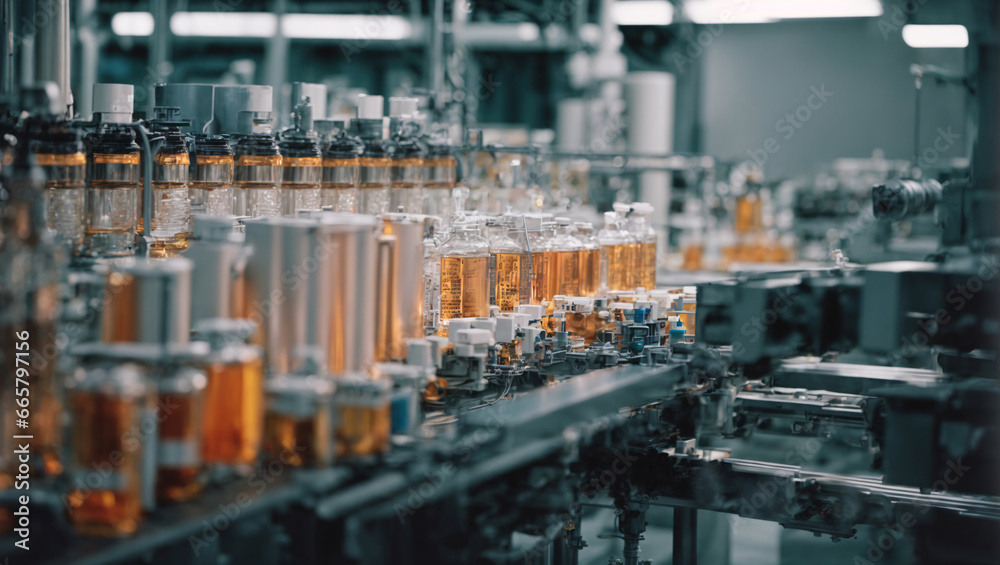 Medical bottles, production line in pharmaceutical factory, laboratory machine for producing chemical glass bottles. Manufacturing medical containers on a production line