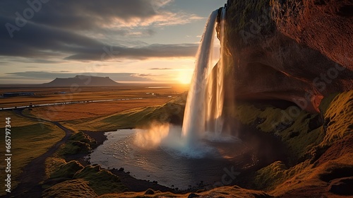 Free photo waterfall flowing and midnight sunset shining in summer