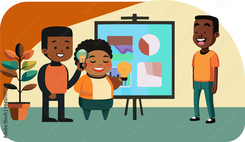Two developers giving new ideas to the customer. Business ideas, creating new products and content for your business. Teamwork finding solutions together. Showing results after investing money. Vector Two developers giving new ideas to the customer. Business ideas, creating new products and content for your business. Teamwork finding solutions together. Showing results after investing money. Vector