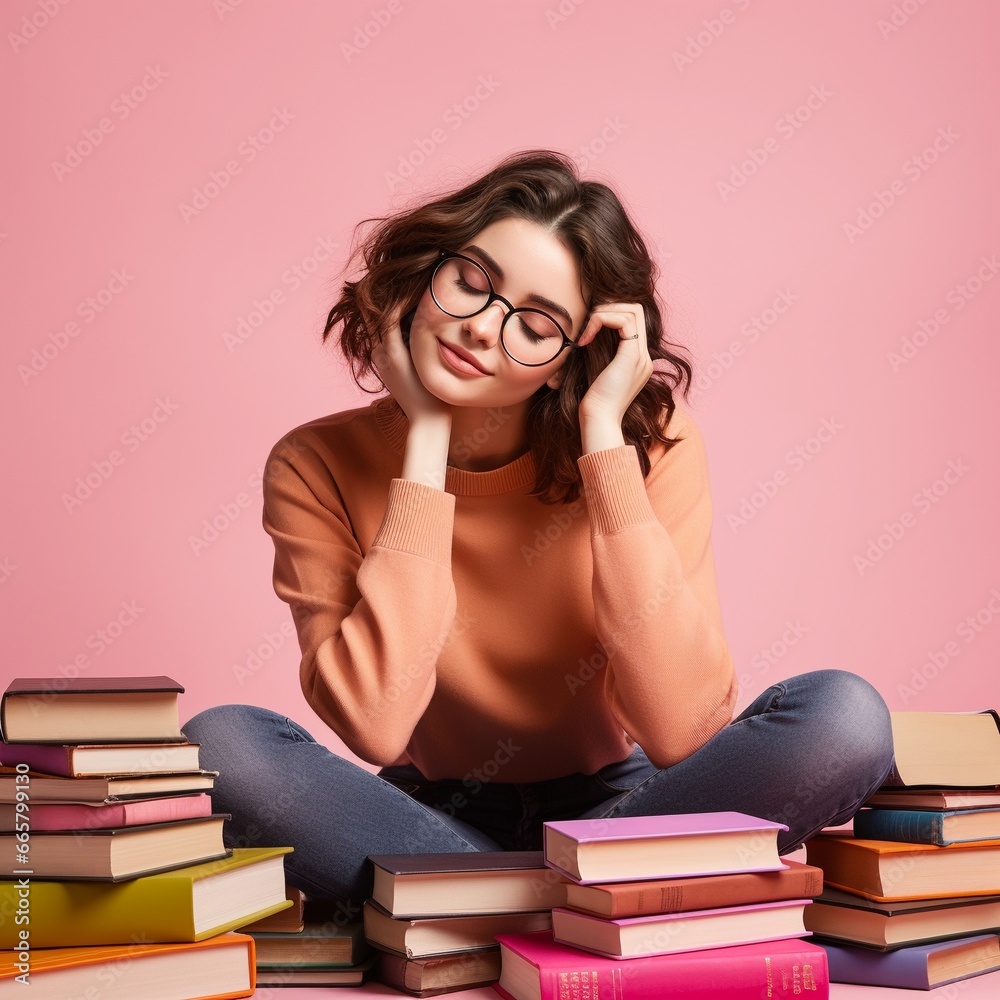 Stressed Student with Books, pink background Stressed Student with Books, pink background