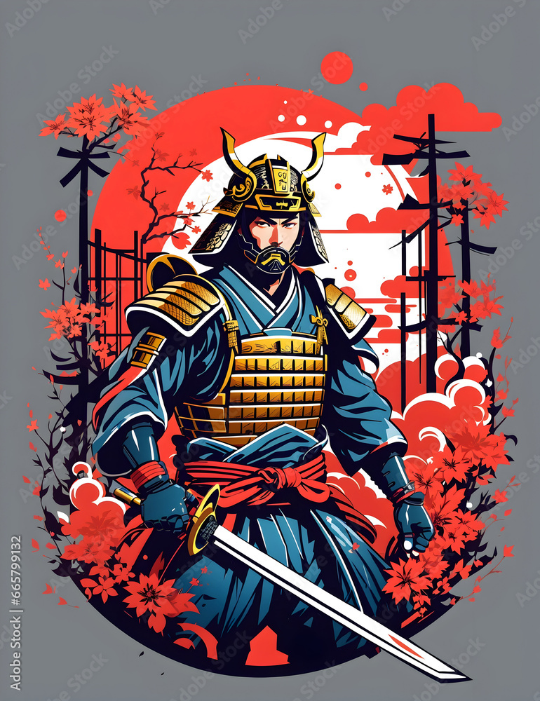 Japanese theme designs About ancient warriors, t-shirt printing art. ai generative