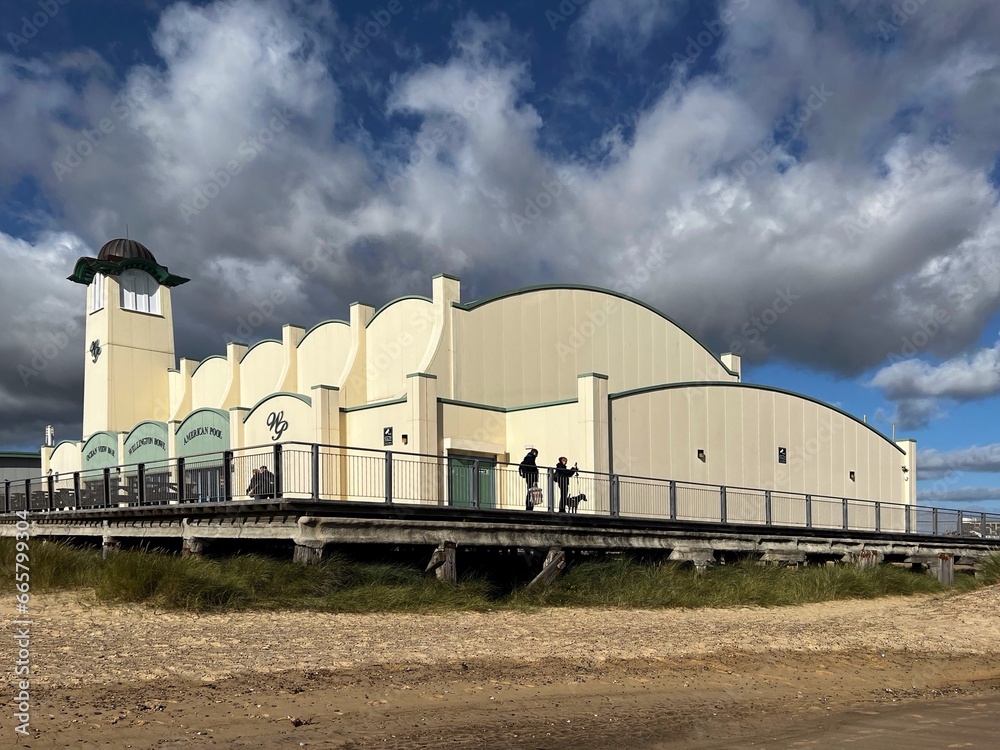 Great Yarmouth, England-October, 14, 2023: view of entertainment building by the sea in Norwich. Selective focus Great Yarmouth, England-October, 14, 2023: view of entertainment building by the sea in Norwich. Selective focus