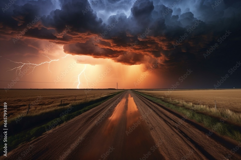 A watercolor artwork depicting a stormy supercell with lightning over a countryside road. Generative AI