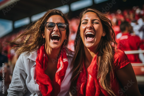 Female fans of soccer, women on the stand of soccer, supporting their favorite team, emotions joy laughter and shouts of joy and support fan club photo