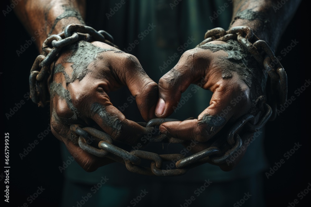 Slavery, forced use of work against persons will. A global problem. Theft. Chains. Forced ownership. Felony criminal. Captive, human trafficking, serfdom, credit, forced marriage. Shackles on hands. - obrazy, fototapety, plakaty 