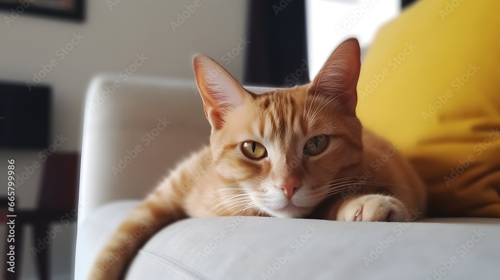 An orange ginger cat relaxing on couch in living room, looking at the camera. An orange ginger cat relaxing on couch in living room, looking at the camera.
