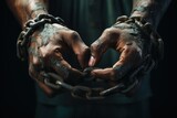 Slavery, forced use of work against persons will. A global problem. Theft. Chains. Forced ownership. Felony criminal. Captive, human trafficking, serfdom, credit, forced marriage. Shackles on hands.