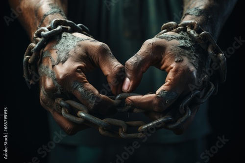Slavery, forced use of work against persons will. A global problem. Theft. Chains. Forced ownership. Felony criminal. Captive, human trafficking, serfdom, credit, forced marriage. Shackles on hands. photo