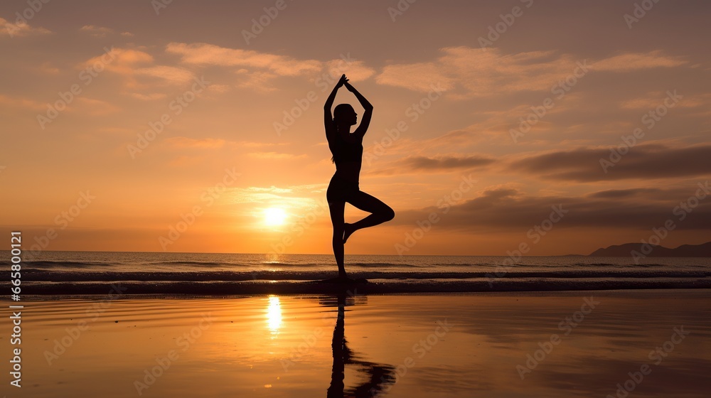 Free photo yoga tree pose on the beach with sunset