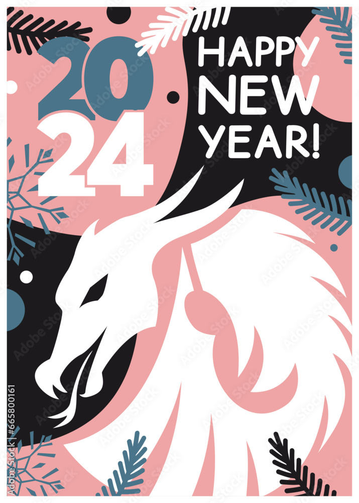 Fototapeta premium Happy New Year 2024 card with dragon, snowflakes, and text. Vector flat illustration..