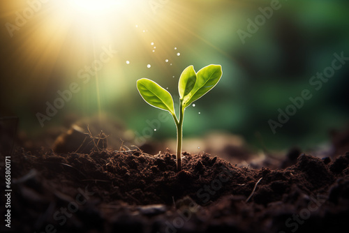 Small plant growing out of soil. Generative Ai.
