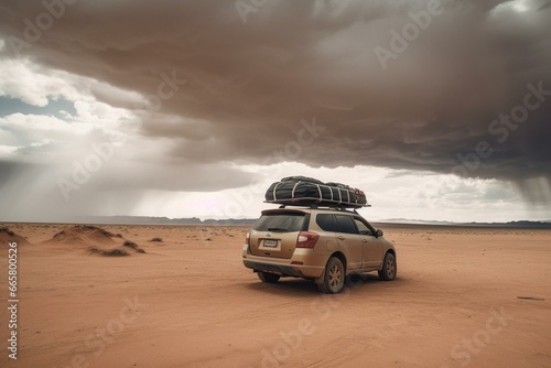 A car with luggage on top in a desert, under an overcast sky. Generative AI