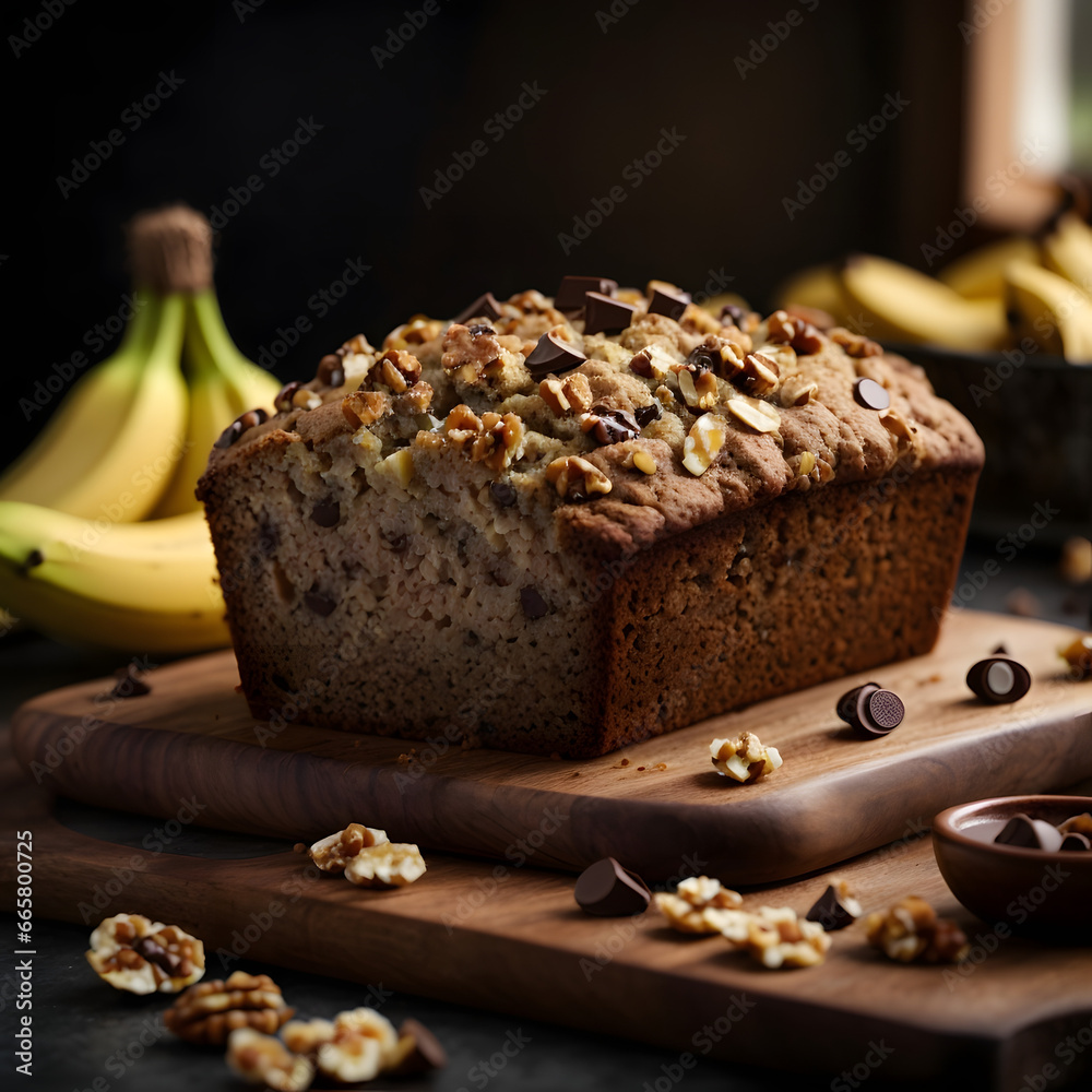 Fototapeta premium Banana Walnut Bread with Chocolate Chips - Irresistible Homestyle Baking