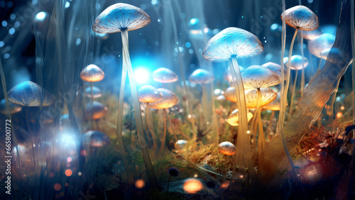  Transparent mushrooms in a dark fairy forest,Generated by AI