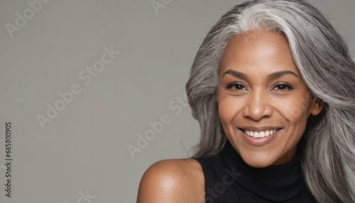 Smooth healthy skin and long gray hair on a beautiful black mature woman smiling happily in beauty and cosmetics skincare advertising concept