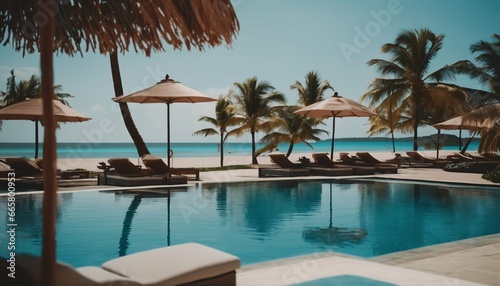 Beach and sea view with luxurious swimming pool  loungers umbrellas  palm trees and blue sky