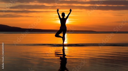 Free photo yoga tree pose on the beach with sunset