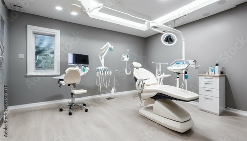 Dentist office featuring white interior and medical equipment photo
