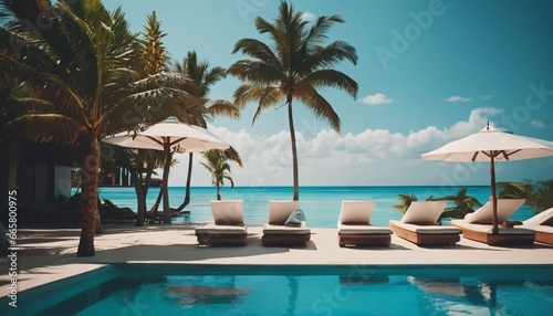 Palm trees and blue sky over luxurious swimming pool and loungers umbrellas near beach and sea