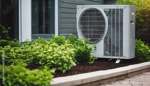 Air source heat pump installed outdoors at a residential building © ibreakstock