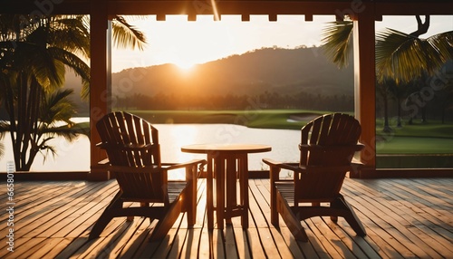Resort wooden veranda: Two armchairs and tranquil sunrise view over golf course