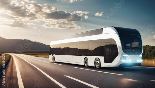 Futuristic autonomous bus: Electric vehicle driving on open highway with nature background