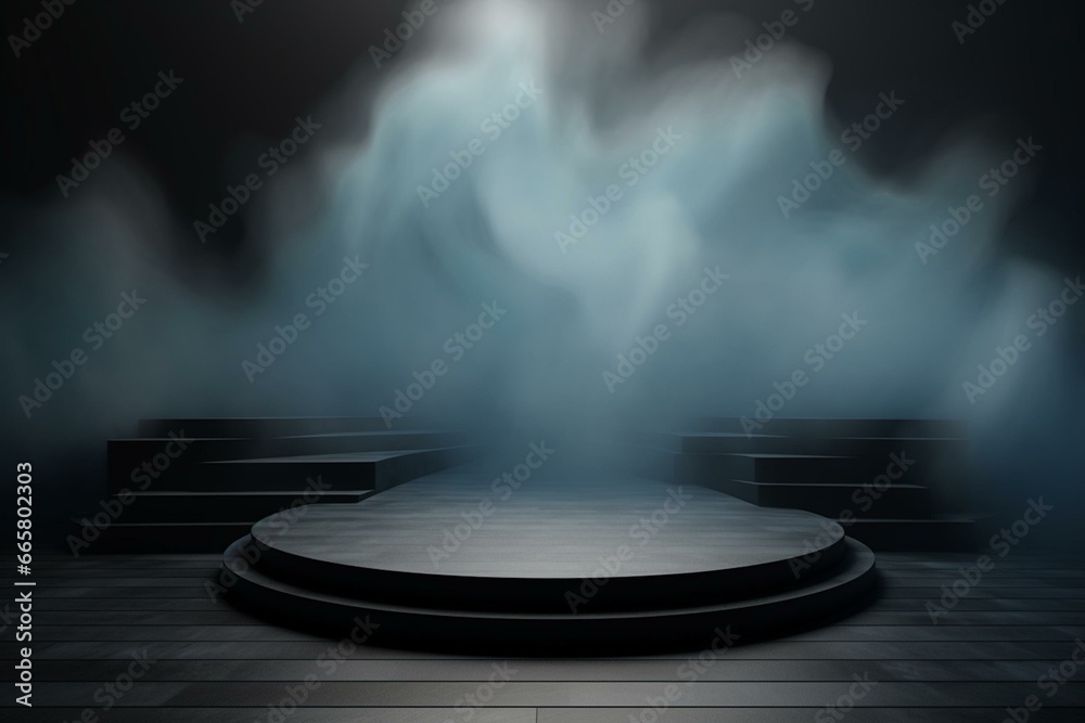 Abstract backdrop with misty floor. Open area with raised platform, suitable for presentation or performance. Generative AI