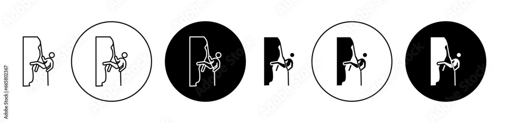 Rappelling icon set. rock climber climbing vector symbol in black filled and outlined style. - obrazy, fototapety, plakaty 