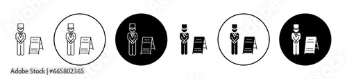 valet icon set. parking service driver vector symbol in black filled and outlined style.