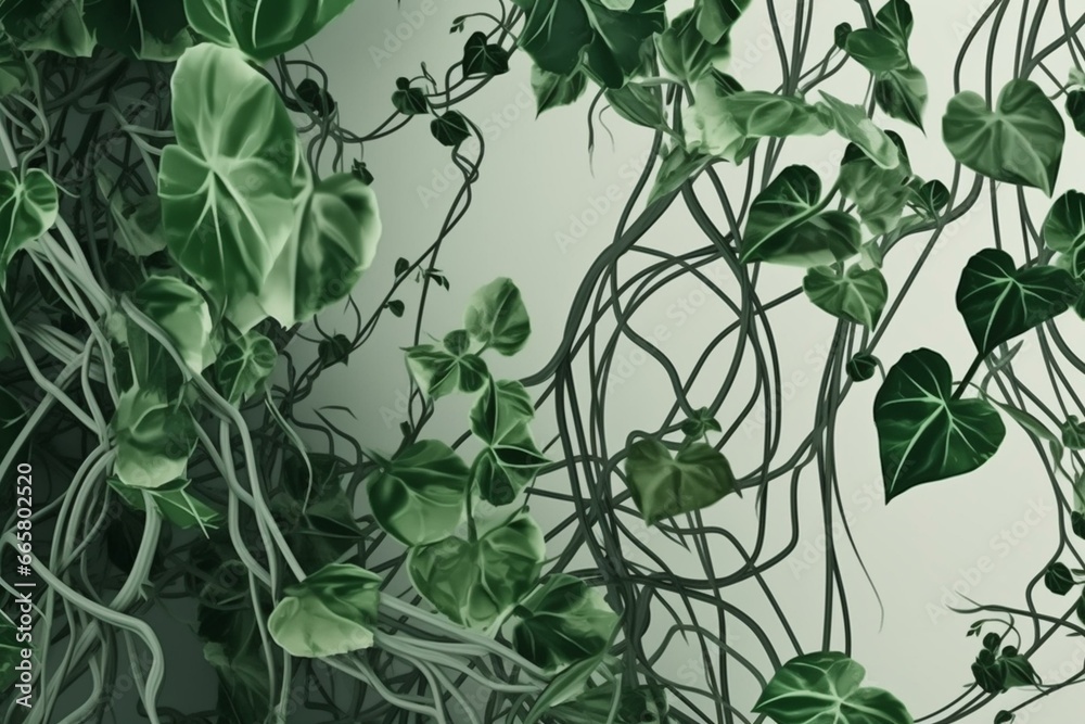 Green leaves jungle vine with twisted vines and tendrils climbing tropical plant. Generative AI - obrazy, fototapety, plakaty 