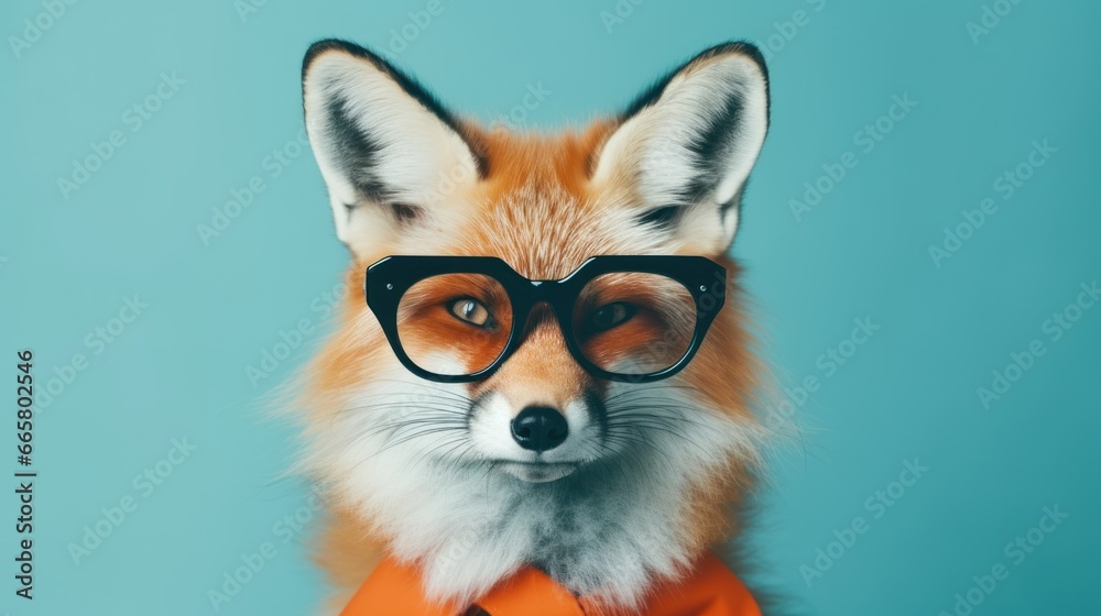 Obraz premium A business fox in black fashion glasses with blue copy space