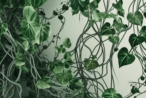 Green leaves jungle vine with twisted vines and tendrils climbing tropical plant. Generative AI