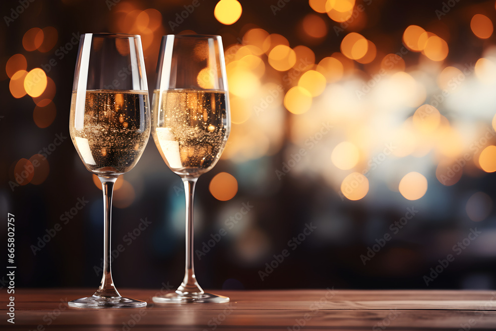 Cheerful Celebration, Two Champagne Glasses Toasting with Sparkling Bubbles on Festive Bokeh Background Cheerful Celebration, Two Champagne Glasses Toasting with Sparkling Bubbles on Festive Bokeh Background