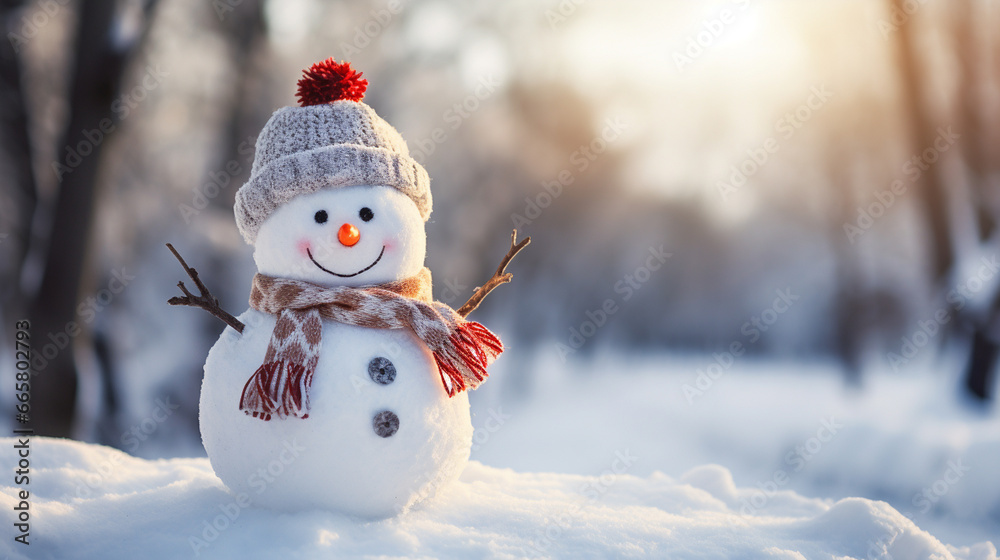 Panoramic view of happy snowman in winter scenery with copy space. Generative AI Panoramic view of happy snowman in winter scenery with copy space. Generative AI