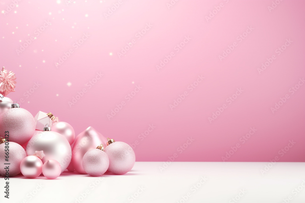 Merry Christmas. A postcard of the year 2024. Pink Christmas background with balls and snowflakes. Christmas pink baubles with empty template for your text. Abstract holiday backdrop with copy space. 