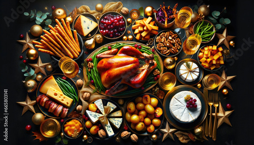 Festive feast: roast turkey, vegetables dishes,cheese board and sauces.Concept of Christmas or New Year dinner.