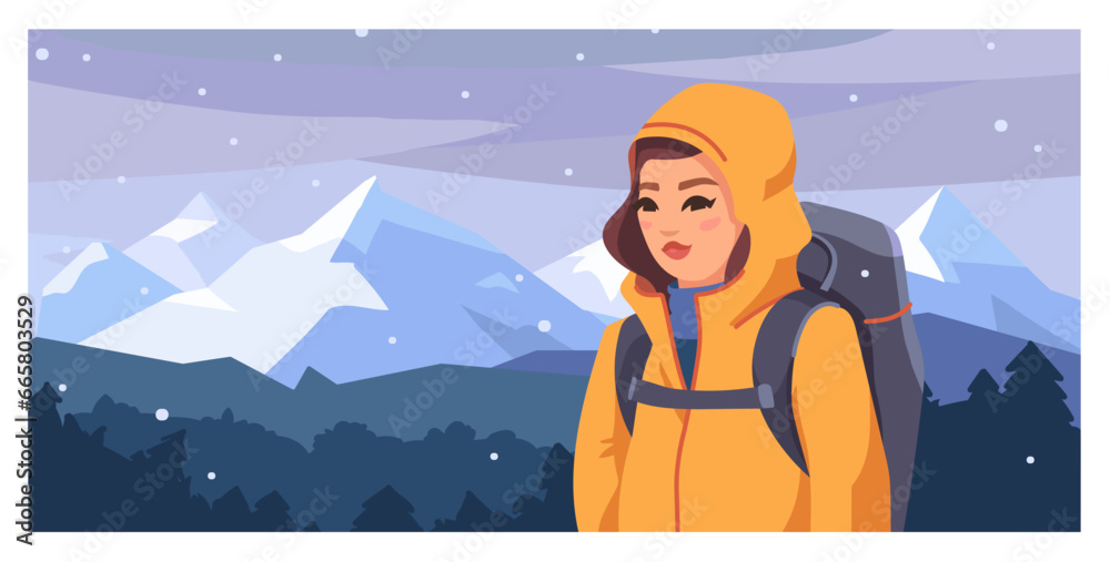 Walking woman with backpack is traveling in outdoor. Trekking and hiking tours. Winter time in the mountains. Vector illustration flat style.