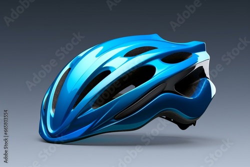 Cycling helmet with blue 3D rendering, shadow, and grey background. Generative AI © Maeve