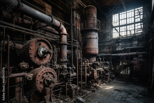 old factory, with pipes, gears, and machinery. Generative AI