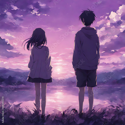 Cute couple in love. Romantic wallpaper. Anime style characters. couple holding hands walking in a park, path, japan, sakura, cartoon. nime couple sitting together. Anime wallpaper. photo