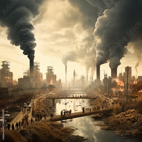 Pollution is very worrying and air pollution from factory funnels which produces carbon dioxide, good to use for wallpaper, blogs, business, environmentalists, health etc. Generative Ai images © callmeers