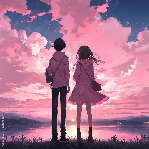 Cute couple in love. Romantic wallpaper. Anime style characters. couple holding hands walking in a park, path, japan, sakura, cartoon. nime couple sitting together. Anime wallpaper. photo