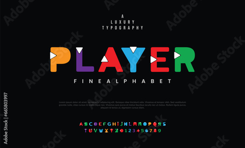 PLAYER Modern abstract digital alphabet font. Minimal technology typography, Creative urban sport fashion futuristic font and with numbers. vector illustration