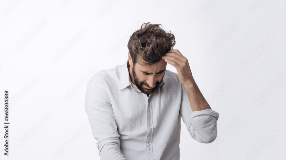 Frustrated young man touching his head and looking down, isolated on gray background Frustrated young man touching his head and looking down, isolated on gray background