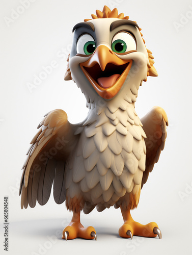 A 3D Cartoon Hawk Laughing and Happy on a Solid Background