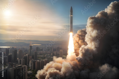 Rocket launch into the sky over the city. Ballistic missiles in air. Nuclear missiles. Nuclear threat. Doomsday concept.