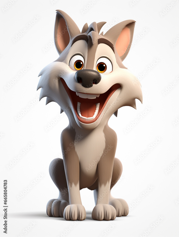 Naklejka premium A 3D Cartoon Wolf Laughing and Happy on a Solid Background