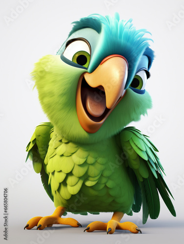 A 3D Cartoon Parrot Laughing and Happy on a Solid Background